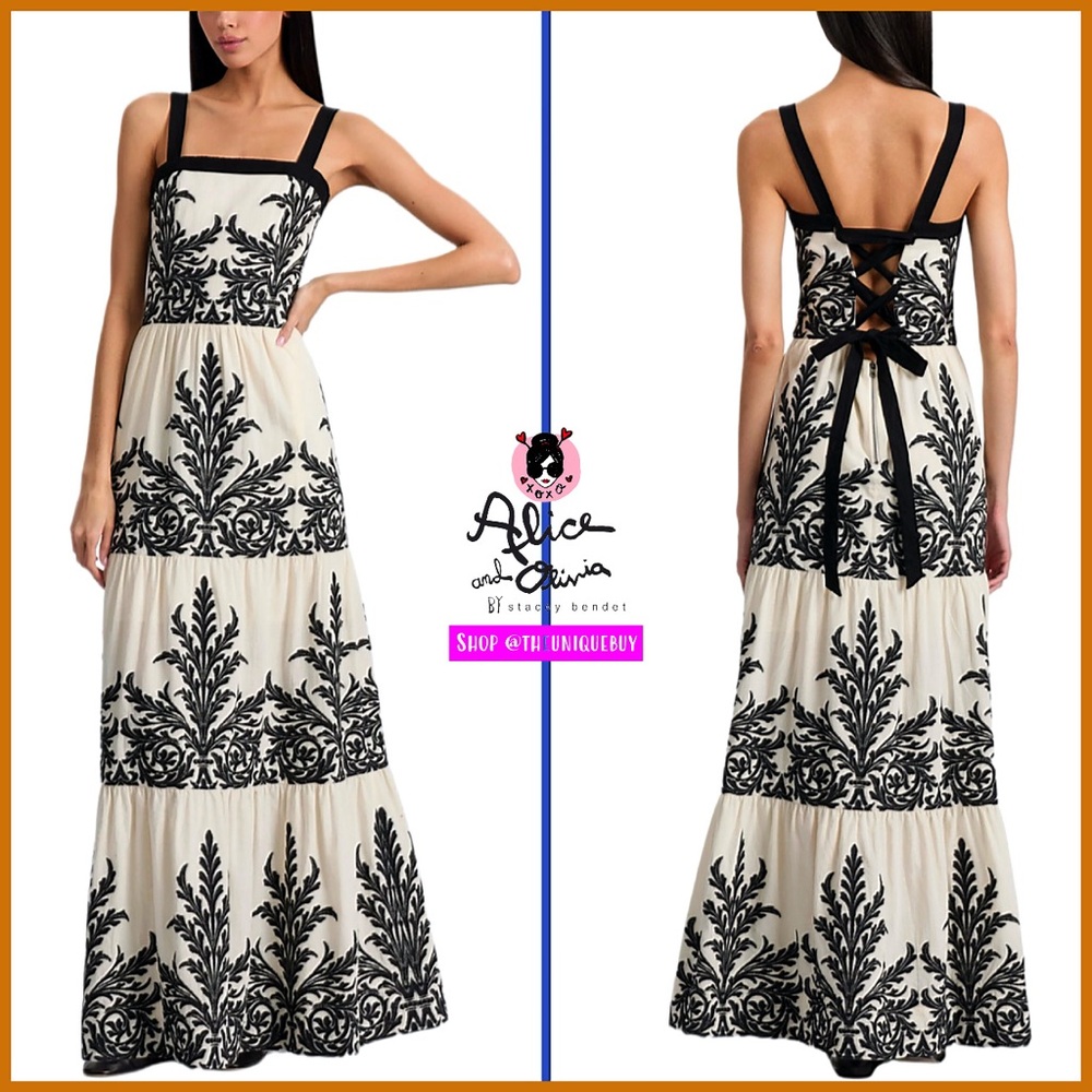 Alice + Olivia Saige Cotton Linen Blend Off White Black Tiered Maxi Dress - Picture 4 of 14